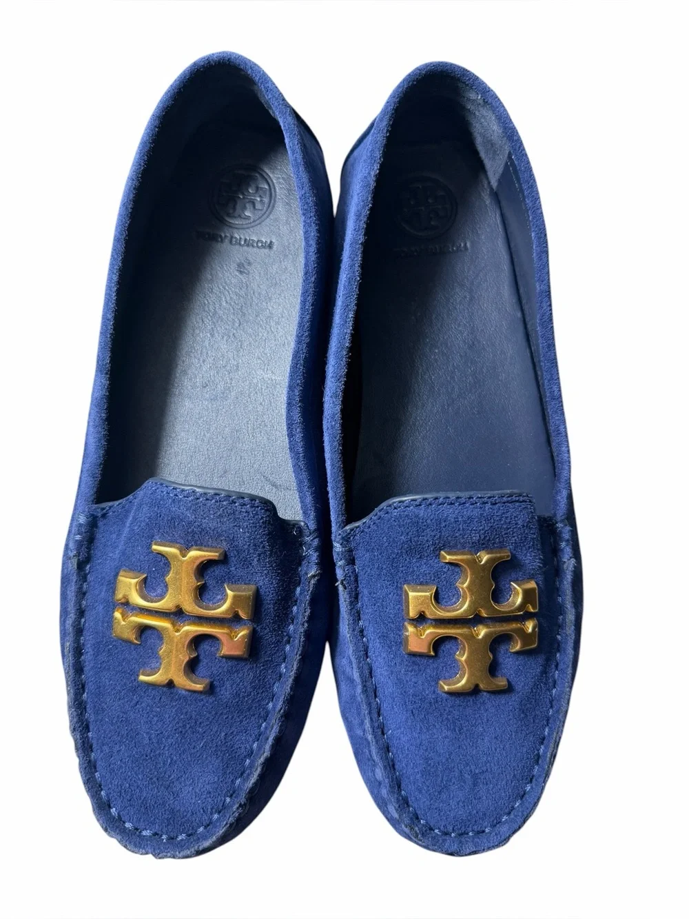 Tory Burch Everly driver loafers royal navy suede, emblem brass logo NEW size 7